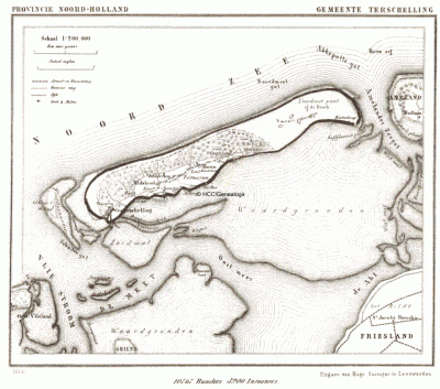 Gemeente Terschelling in ca. 1870, kaart J. Kuijper