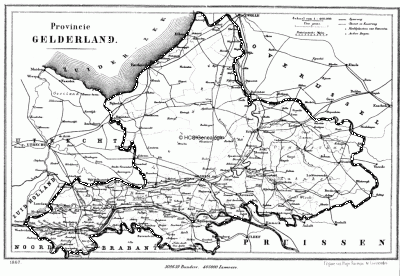 Provincie Gelderland in ca. 1870, kaart J. Kuijper