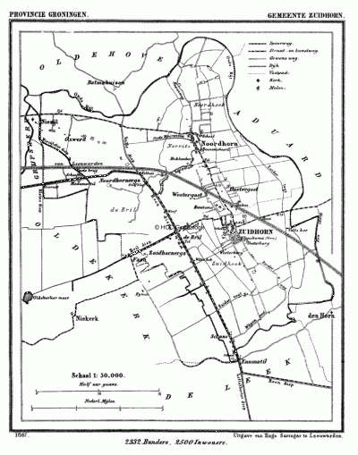 Gemeente Zuidhorn in ca. 1870, kaart J. Kuijper