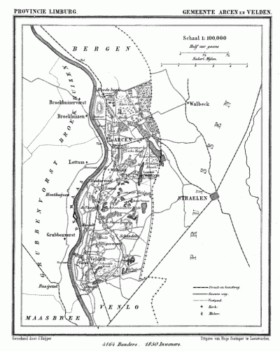 Gemeente Arcen en Velden in ca. 1870, kaart J. Kuijper 