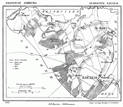 Gemeente Baexem in ca. 1870, kaart J. Kuijper