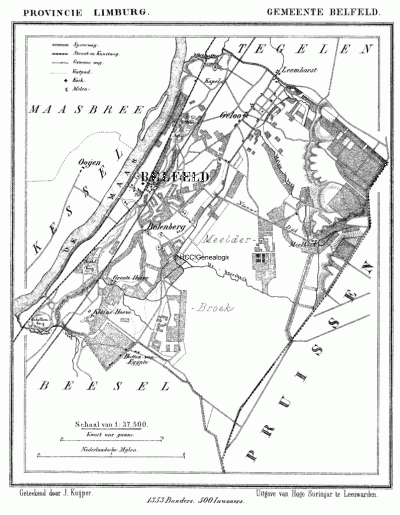 Gemeente Belfeld in ca. 1870, kaart J. Kuijper