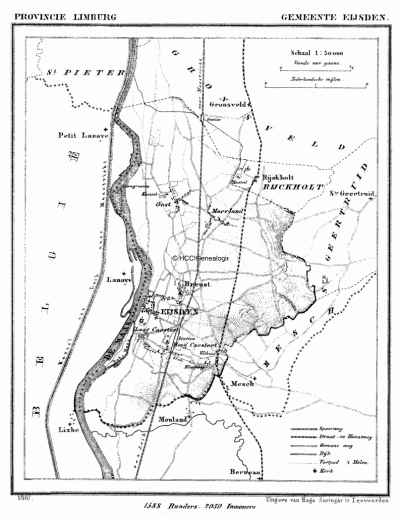 Gemeente Eijsden in ca. 1870, kaart J. Kuijper