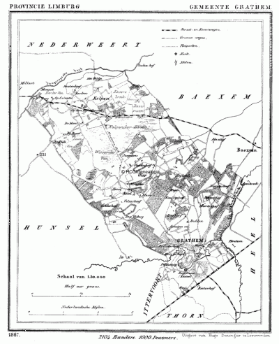 Gemeente Grathem in ca. 1870, kaart J. Kuijper