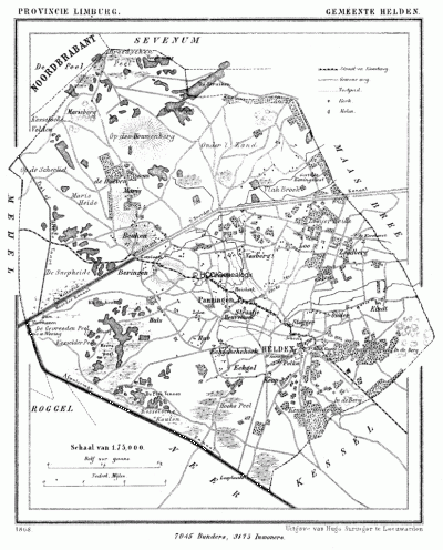 Gemeente Helden in ca. 1870, kaart J. Kuijper