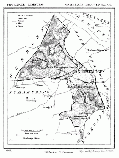 Gemeente Nieuwenhagen in ca. 1870, kaart J. Kuijper