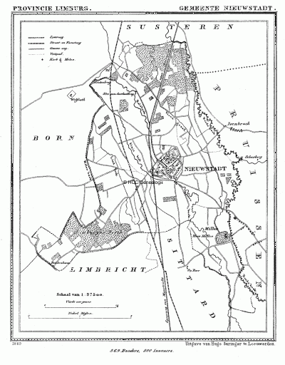 Gemeente Nieuwstadt in ca. 1870, kaart J. Kuijper