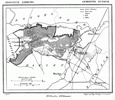 Gemeente Nunhem in ca. 1870, kaart J. Kuijper