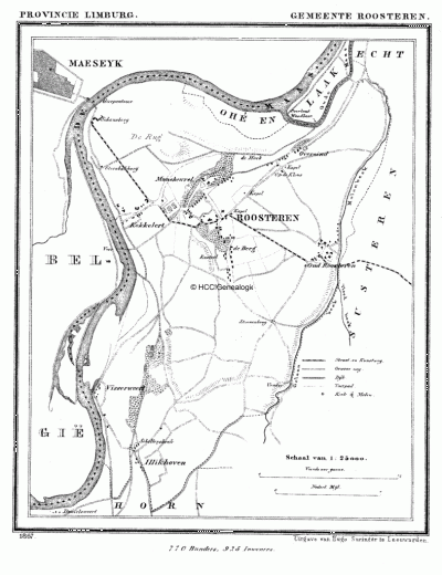Gemeente Roosteren in ca. 1870, kaart J. Kuijper