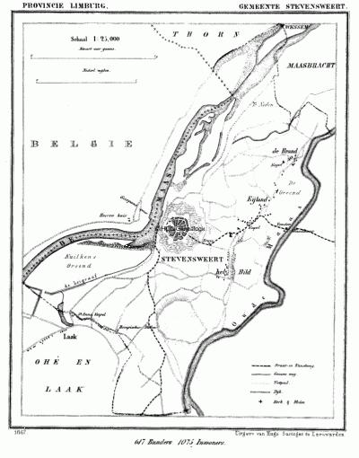 Gemeente Stevensweert in ca. 1870, kaart J. Kuijper