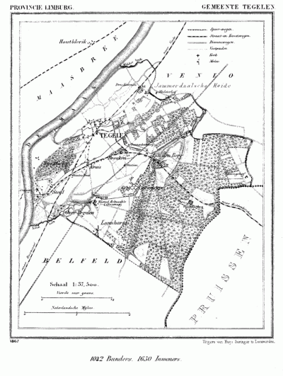 Gemeente Tegelen in ca. 1870, kaart J. Kuijper