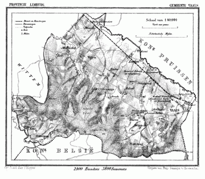 Gemeente Vaals in ca. 1870, kaart J. Kuijper