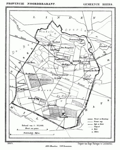 Gemeente Beers in ca. 1870, kaart J. Kuijper