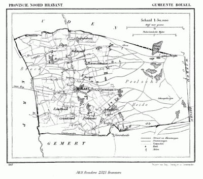Gemeente Boekel in ca. 1870, kaart J. Kuijper 
