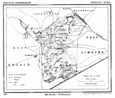 Gemeente Budel in ca. 1870, kaart J. Kuijper