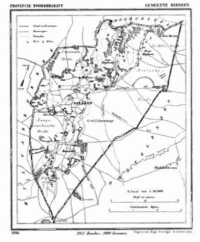 Gemeente Diessen in ca. 1870, kaart J. Kuijper