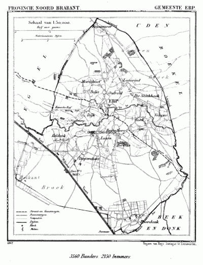 Gemeente Erp in ca. 1870, kaart J. Kuijper 