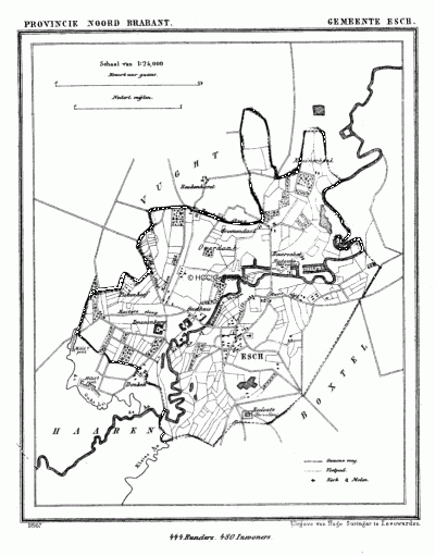 Gemeente Esch in ca. 1870, kaart J. Kuijper