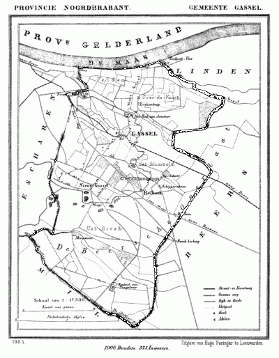 Gemeente Gassel in ca. 1870, kaart J. Kuijper