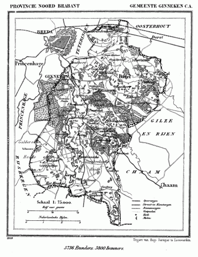 Gemeente Ginneken en Bavel in ca. 1870, kaart J. Kuijper
