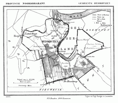 Gemeente Hedikhuizen in ca. 1870, kaart J. Kuijper