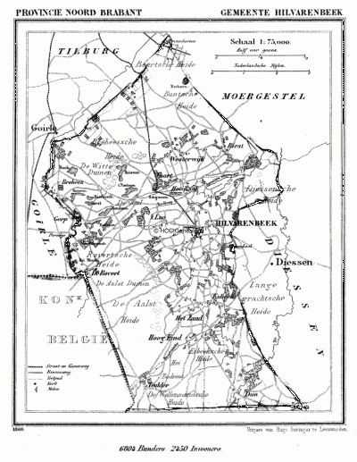 Gemeente Hilvarenbeek in ca. 1870, kaart J. Kuijper