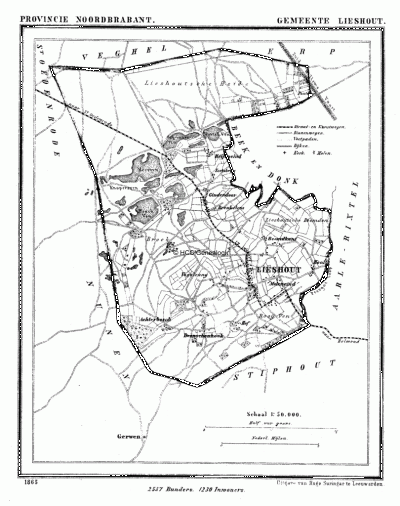 Gemeente Lieshout in ca. 1870, kaart J. Kuijper
