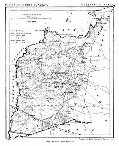Gemeente Nuenen, Gerwen en Nederwetten in ca. 1870, kaart J. Kuijper