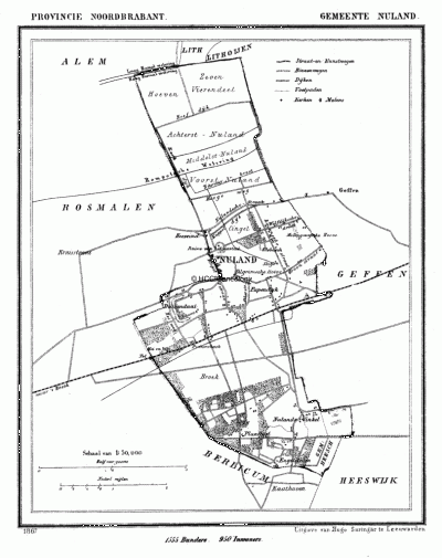 Gemeente Nuland in ca. 1870, kaart J. Kuijper