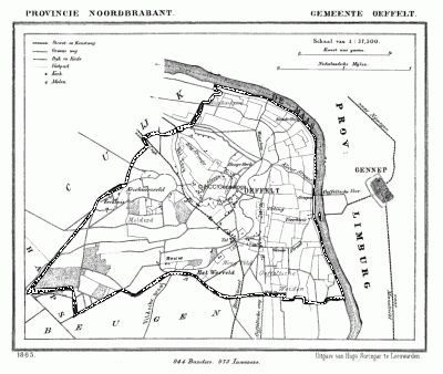 Gemeente Oeffelt in ca. 1870, kaart J. Kuijper