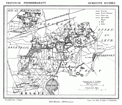 Gemeente Rucphen en Vorenseinde in ca. 1870, kaart J. Kuijper