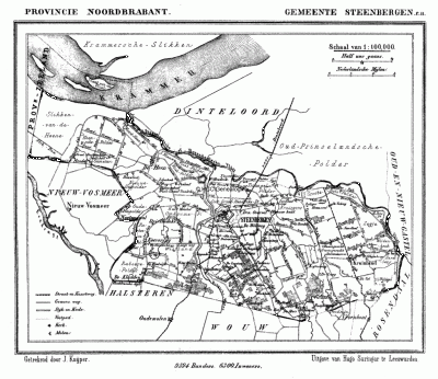 Gemeente Steenbergen - die tot 1962 nog 'Steenbergen en Kruisland' heette, wat dan vaak werd ingekort tot 'Steenbergen c.a.' - anno ca. 1870, kaart J. Kuijper