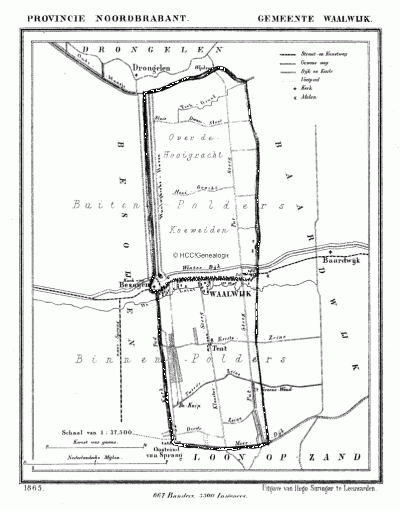 Gemeente Waalwijk in ca. 1870, kaart J. Kuijper
