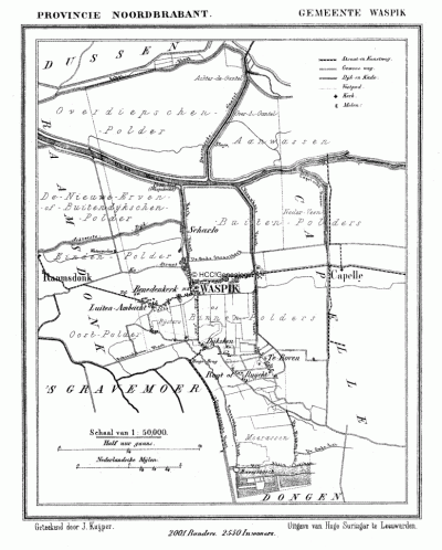 Gemeente Waspik in ca. 1870, kaart J. Kuijper