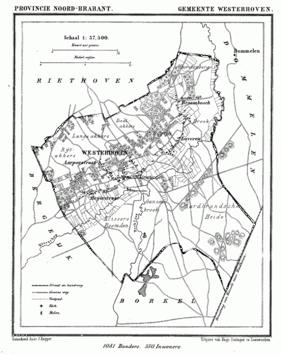 Gemeente Westerhoven in ca. 1870, kaart J. Kuijper