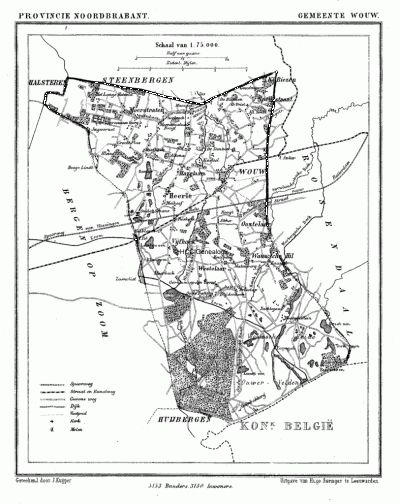 Gemeente Wouw in ca. 1870, kaart J. Kuijper