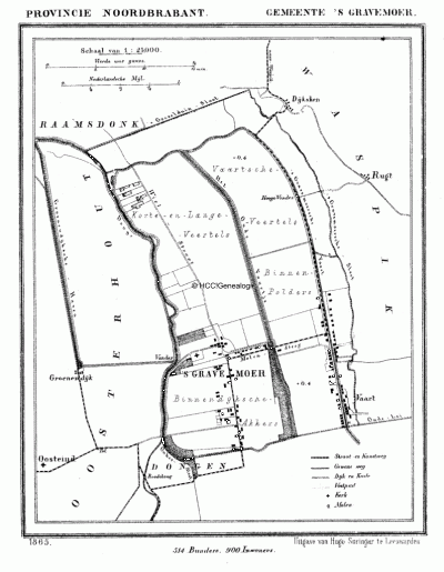 Gemeente 's Gravenmoer in ca. 1870, kaart J. Kuijper