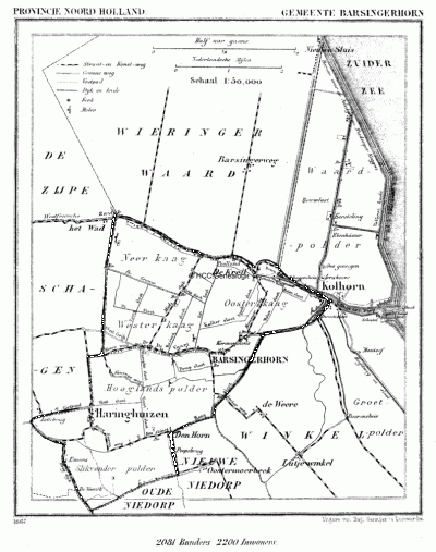 Gemeente Barsingerhorn in ca. 1870, kaart J. Kuijper