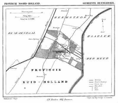 Gemeente Bennebroek in ca. 1870, kaart J. Kuijper