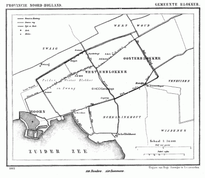 Gemeente Blokker in ca. 1870, kaart J. Kuijper. Duidelijk te zien is dat het dorpsgebied van Westerblokker (het huidige Blokker) oorspronkelijk dunbebouwd was en slechts drie lintbebouwingen omvatte; van N naar Z: Bangert, Westerblokker en de Lageweg.
