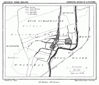 Gemeente Broek op Langedijk in ca. 1870, kaart J. Kuijper