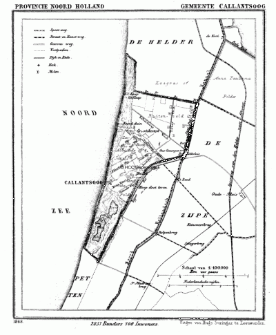 Gemeente Callantsoog in ca. 1870, kaart J. Kuijper