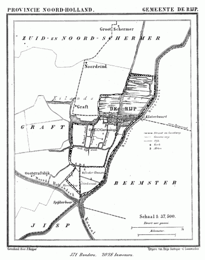 Gemeente De Rijp in ca. 1870, kaart J. Kuijper