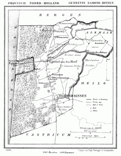 Gemeente Egmond-Binnen in ca. 1870, kaart J. Kuijper