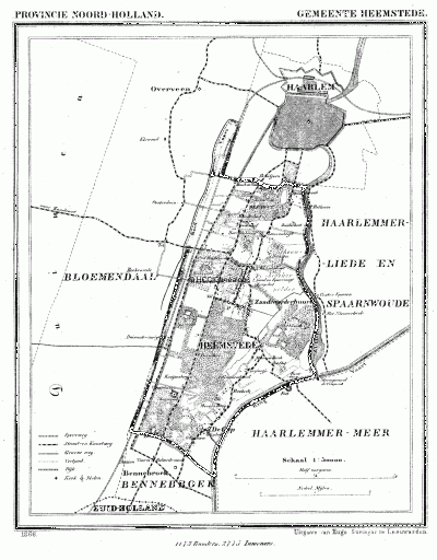 Gemeente Heemstede in ca. 1870, kaart J. Kuijper
