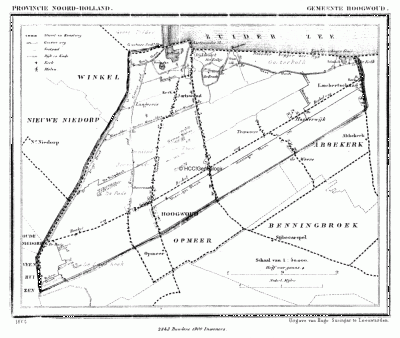 Gemeente Hoogwoud in ca. 1870, kaart J. Kuijper