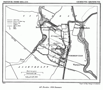 Gemeente Krommenie in ca. 1870, kaart J. Kuijper