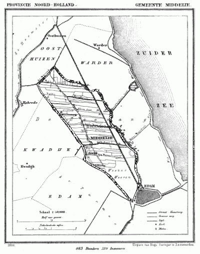 Gemeente Middelie in ca. 1870, kaart J. Kuijper