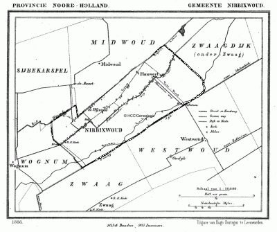 Gemeente Nibbixwoud in ca. 1870, kaart J. Kuijper