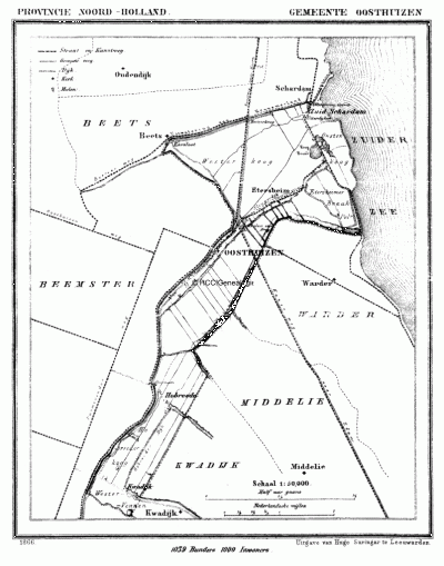 Gemeente Oosthuizen in ca. 1870, kaart J. Kuijper